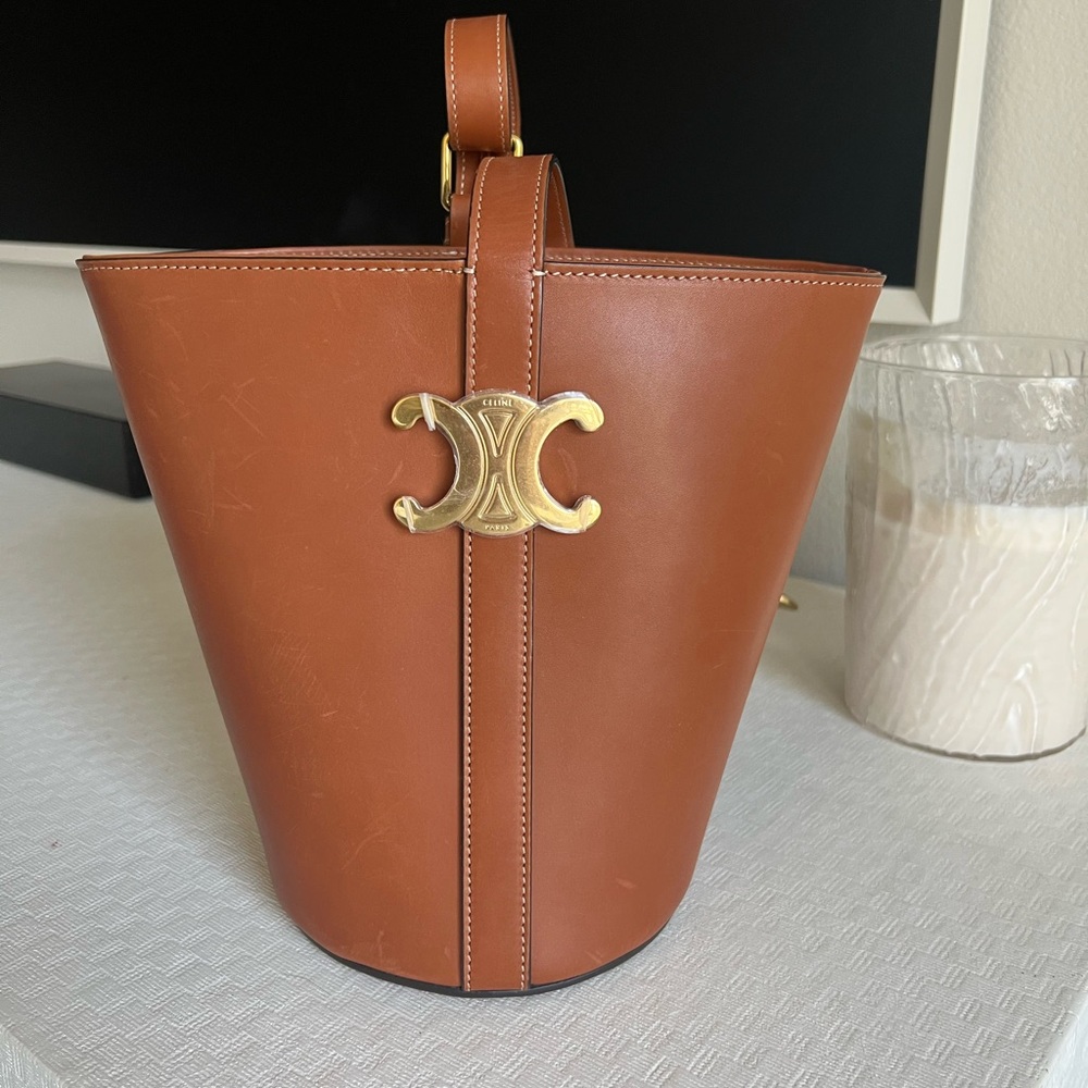 Celine Tan Leather Bucket Bag with Gold Accent